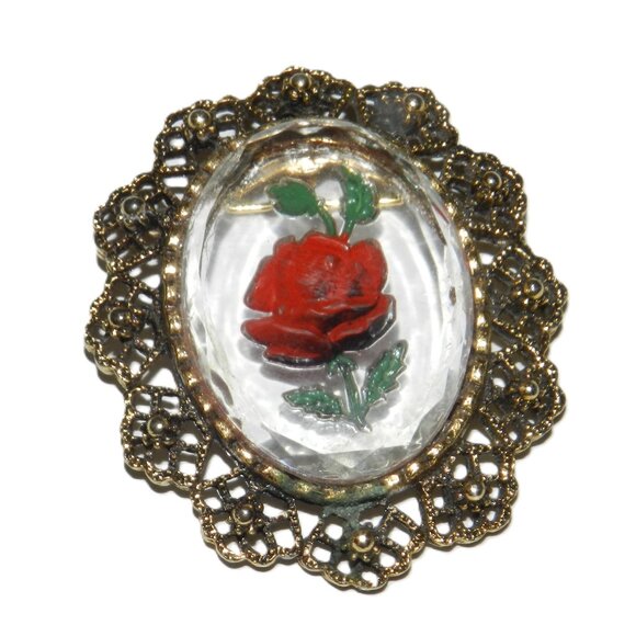 Vintage Intaglio Crystal Glass Reverse Engraved Rose Floral Brooch Pendant - Picture 7 of 7